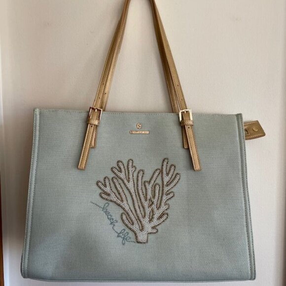 SPARTINA 449 beach life Beaded Coral Linen Blue Gold Tote Shoulder Bag - Picture 7 of 17